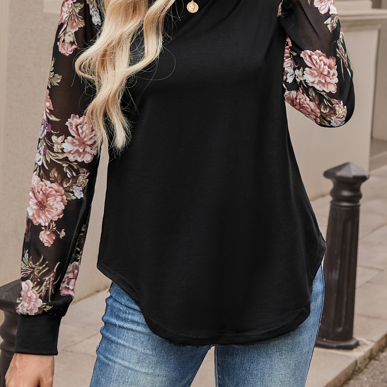 E-shop Damens Elegante Bluse mit Langen Ärmeln und Chiffonärmeln & Kontrastfarben-Blockdesign - Maschinenwaschbares Rundhals-Oberteil für