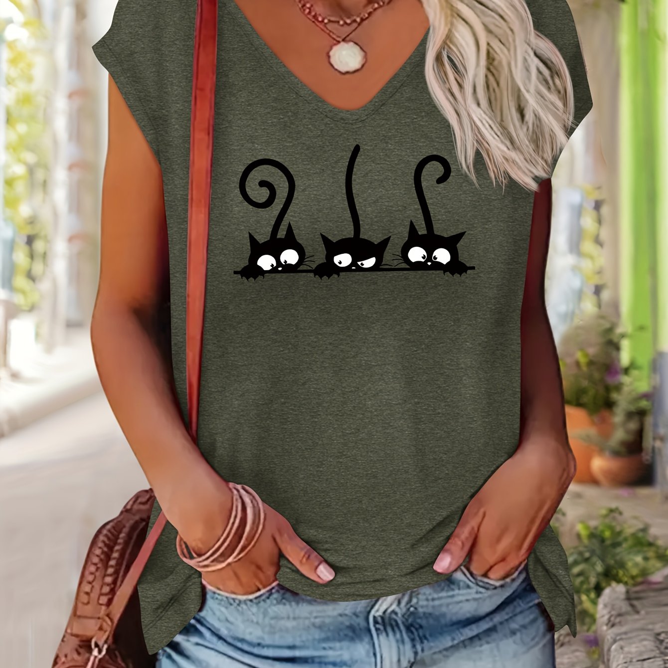 TEMU Haut Femme Printemps/Été avec Mignons de Chats, Confortable et Simple, T-shirt Décontracté à Col en V ou Col Rond, Manches Courtes