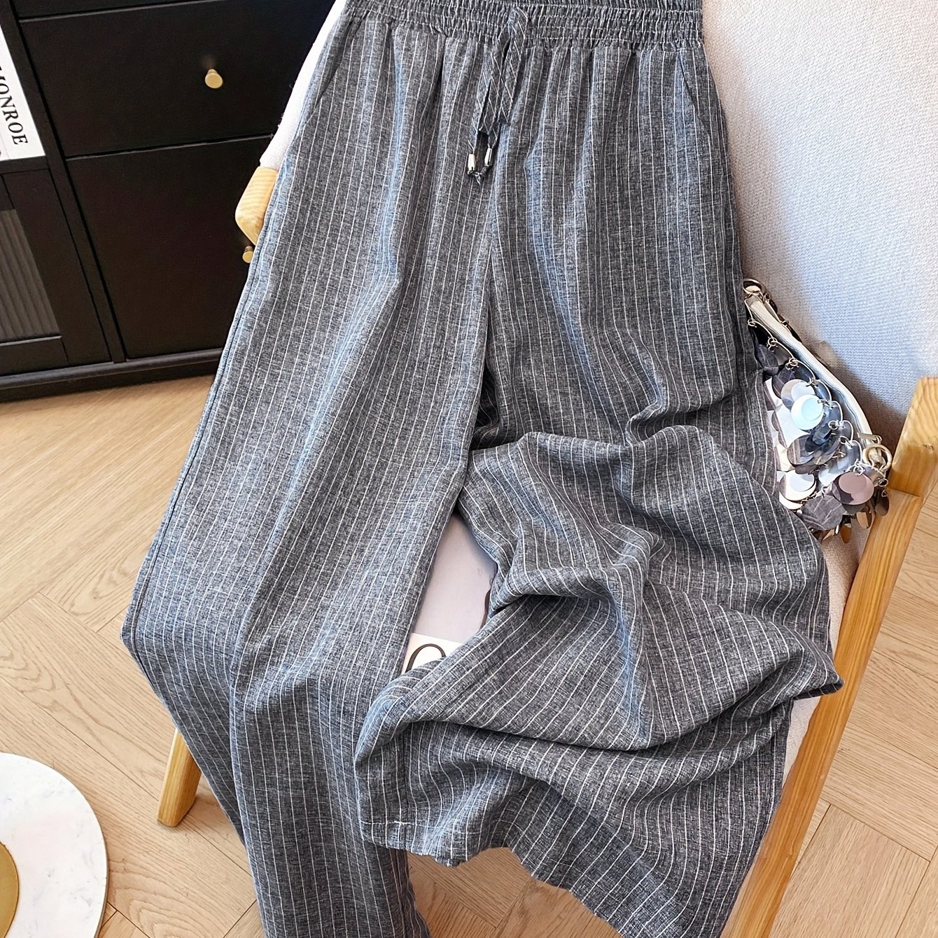 Plus Size - Plus Size - Women's Casual Solid Striped Plus Size Long Pants, Construction, Drawstring Detail, With Pockets
