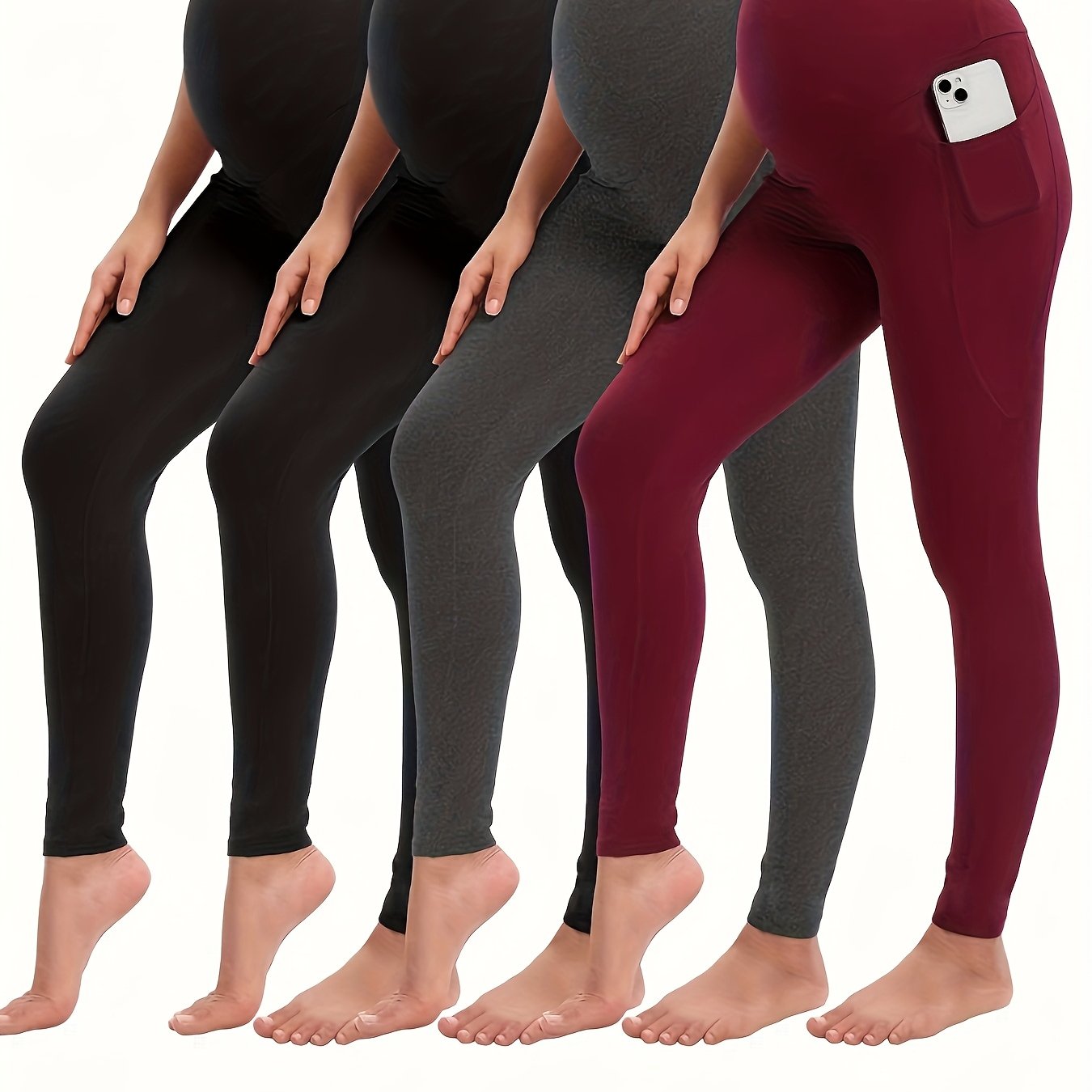 TEMU 4pcs Set Women's High-waisted Maternity Yoga Leggings With Pockets - Pregnancy Workout Pants, (, Dark Grey, Burgundy, ) | 4-season , High-waisted Fit, Pockets For Essentials, Ideal For Yoga