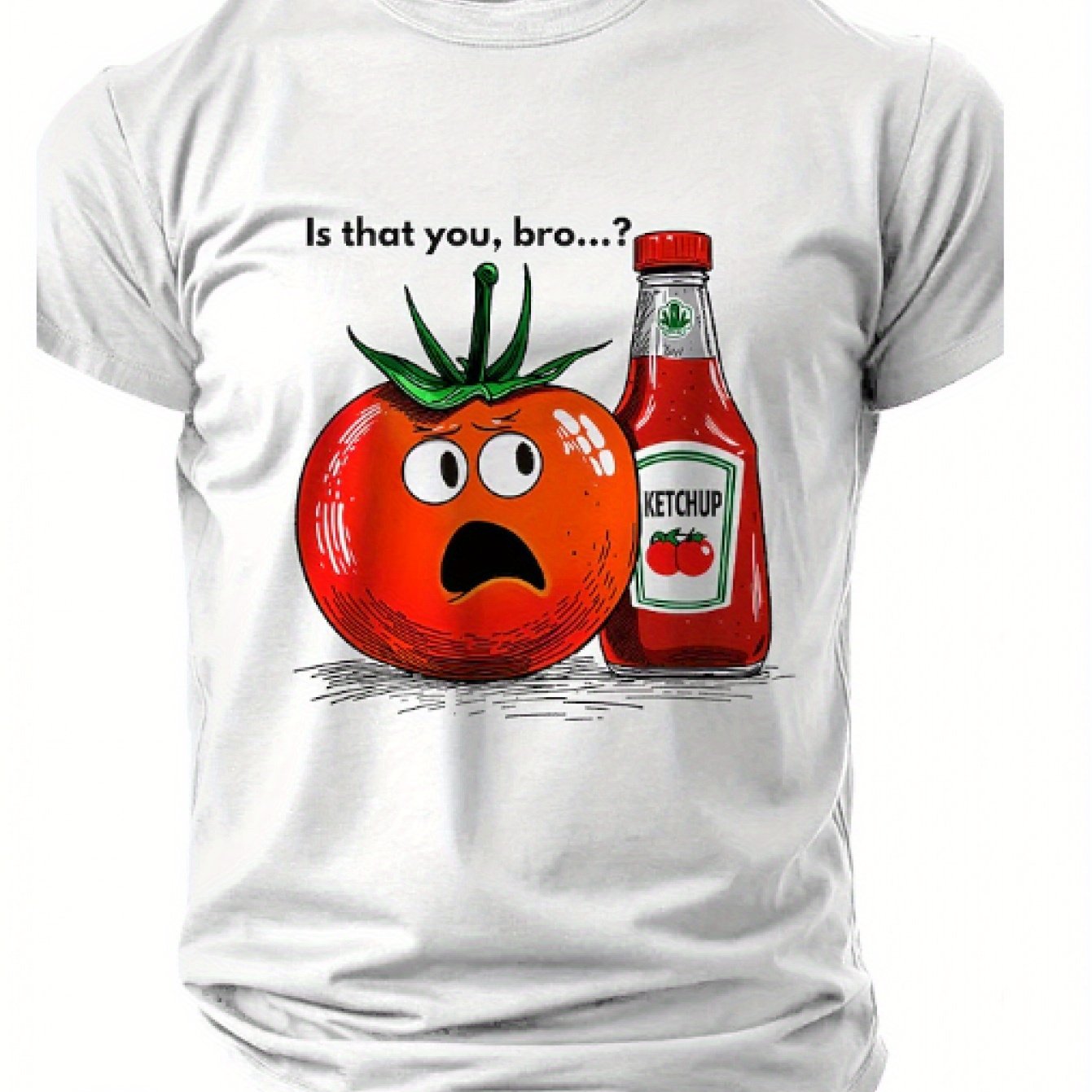 TEMU Men's Stylish Short-sleeve T-shirt, Featuring A Round Neck And A Of Tomatoes And Ketchup Using Heat Transfer Technology. Made From 100% Knit