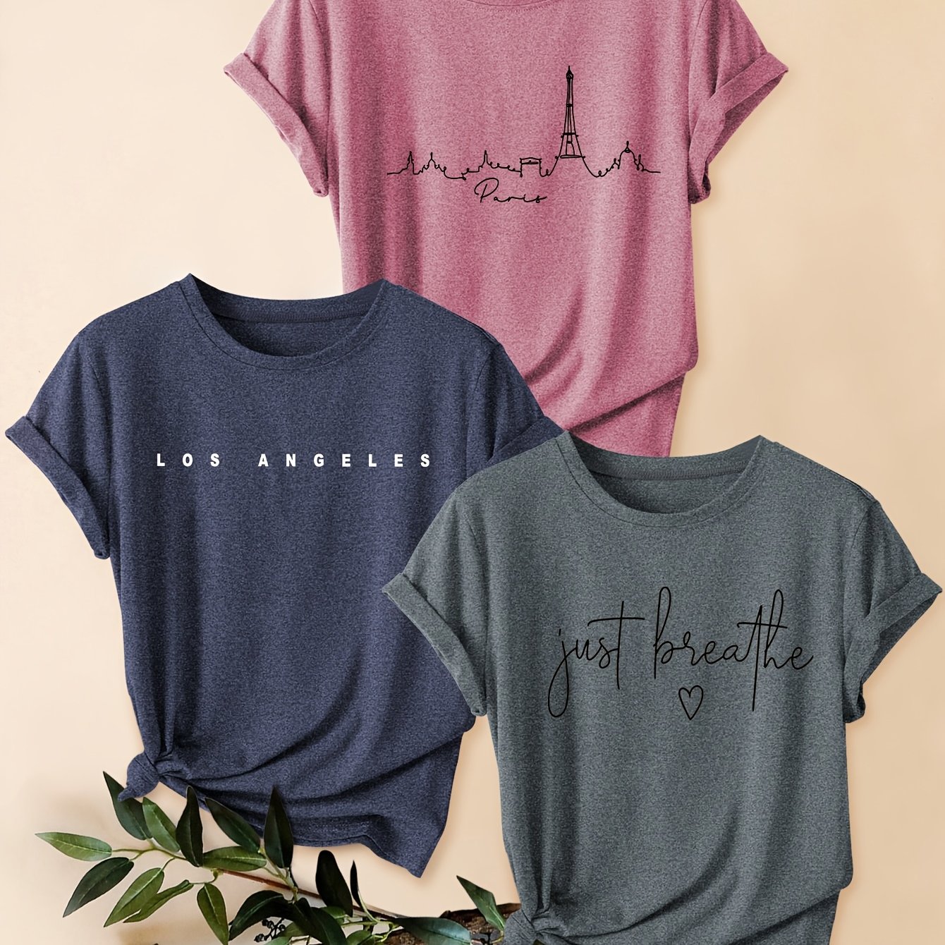 TEMU Three-pack Line Art Letter Print Fashion Vintage Style Women's Casual Sporty Round Neck Short Sleeve T-shirt