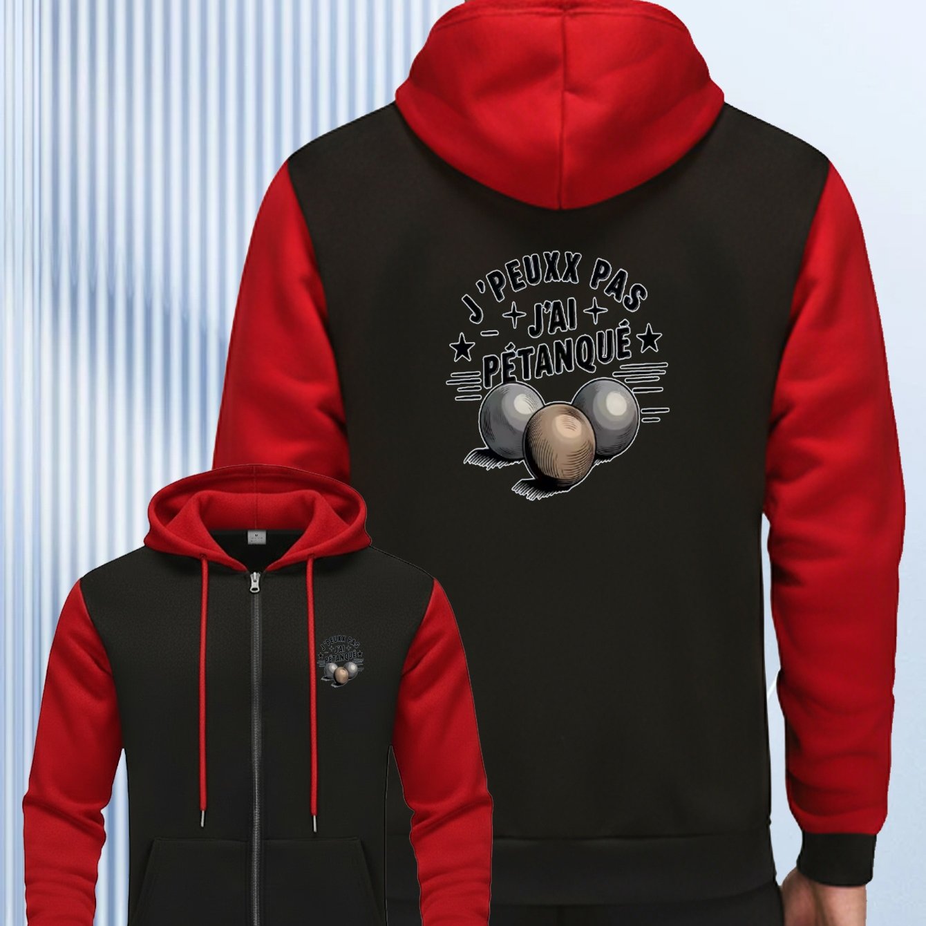 TEMU Nouveau cardigan zippé patchwork pour homme, veste à capuche , vêtement d'extérieur polyvalent , design imprimé tendance, sweat-shirt PETANQUE
