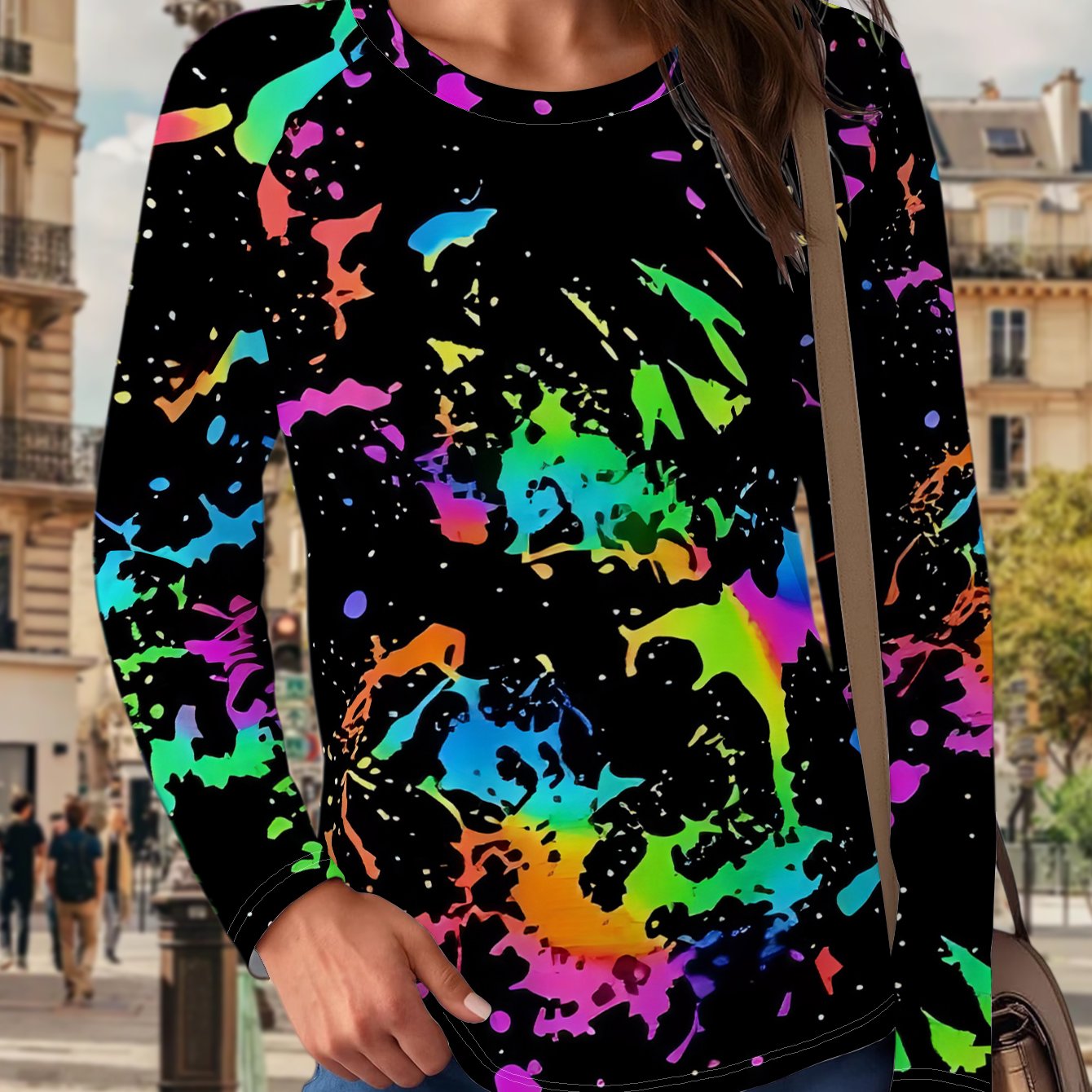 TEMU New Women's Casual Long-sleeve T-shirt With Neon Splatter Print On Black Background, Vibrant And Colors, Versatile For Holiday Parties And