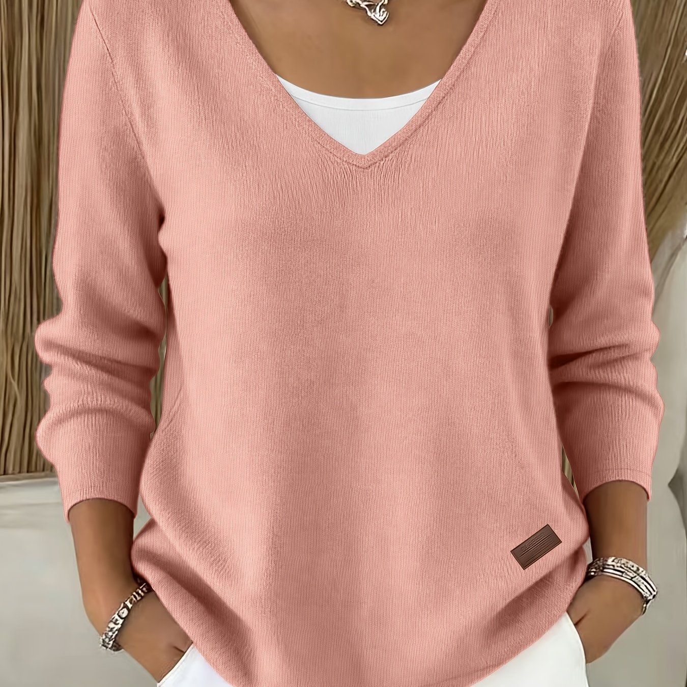 TEMU Haut pull d'intérieur confortable pour femmes, col en V, manches longues avec légère élasticité, motif imprimé - Pas de motif texturé, pull