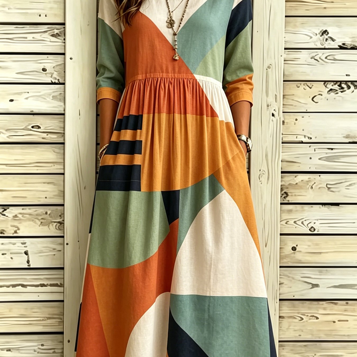Women's Elegant A-line Midi Dress With Pockets - 3/4 Sleeve Color Block Dress Suitable For, Church & Semi-formal Events, Round Neck -line Dress, Machine Washable Loose Fit Dress For