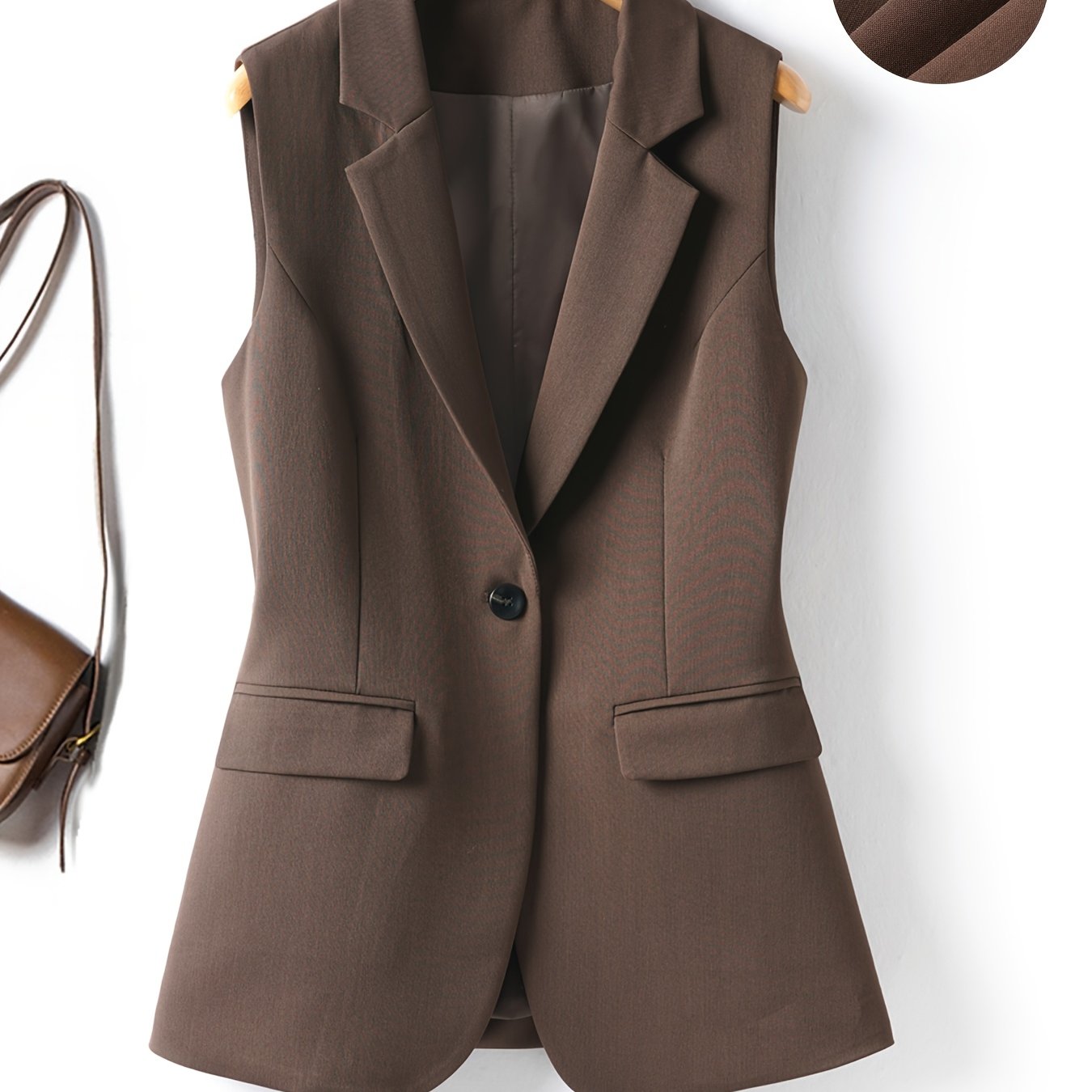 Image of Coffee-colored Vest Women's Fall Winter Style Faux Wool Suit Collar Regular Blazer Fashion Versatile Camisole Office Temperament Vest Fall Outerwear