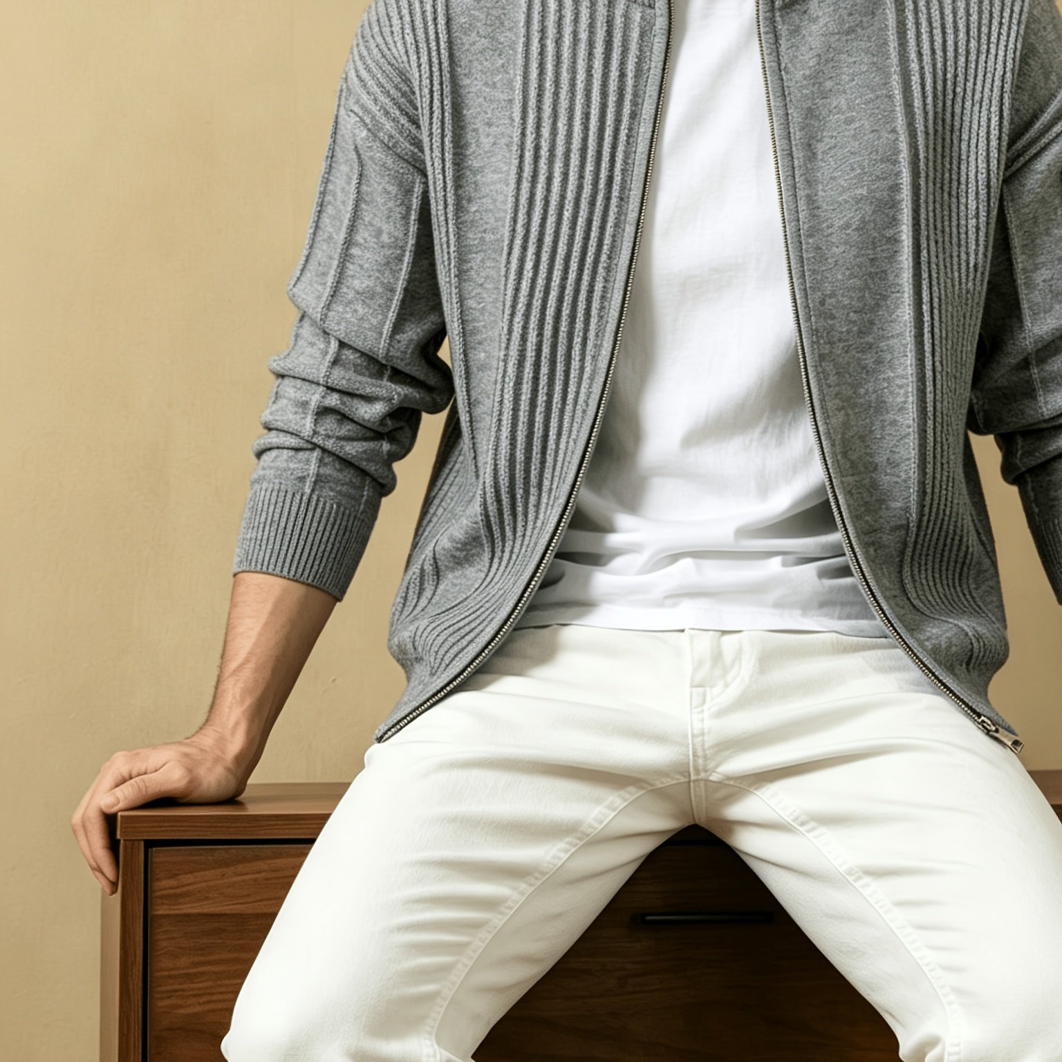 TEMU Forlengke Men's Business Casual Stand Collar Full Zip Vertical Ribbed Knit Cardigan, Soft Thick Loose Long Sleeve Sweater Jacket For Fall Daily