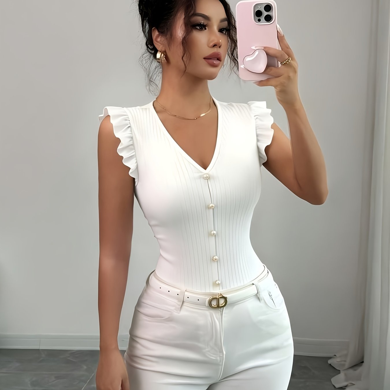 Women' Color V-neck Pearl Button Design Flare Sleeve T-shirt
