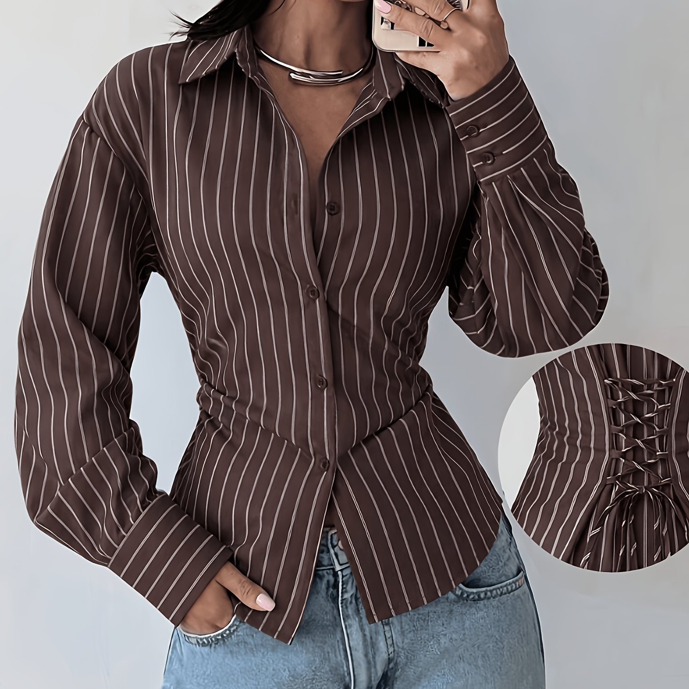 TEMU Xz260727188 Elegant Women's Brown Striped Long Sleeve Shirt, Waist-cinching Blouse, Button-front, Casual Style, Teacher's Day Shirt, Autumn