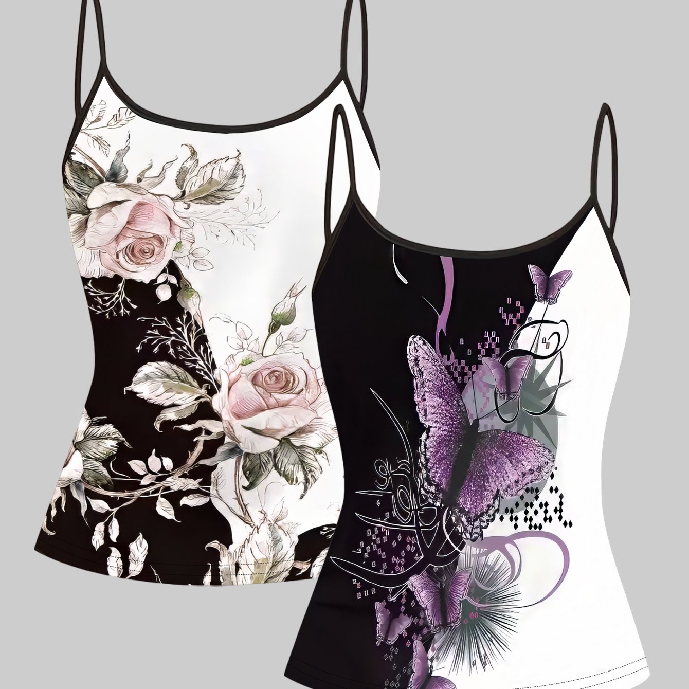 TEMU 2pcs Set, Color-block Print Women' Strap Camisole Top, 2d , Elegant Style