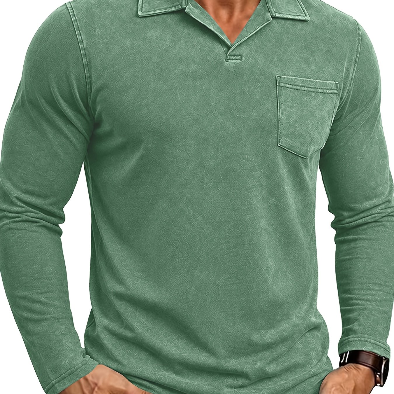 Image of Vintage Washed Long Sleeve Shirts For Men Turn- Collar Shirt Mens Solid Color Casual Lapel Pocket Tee Summer Basic Work T-shirt Top Distressed Home Sweatshirt For Daily Wear
