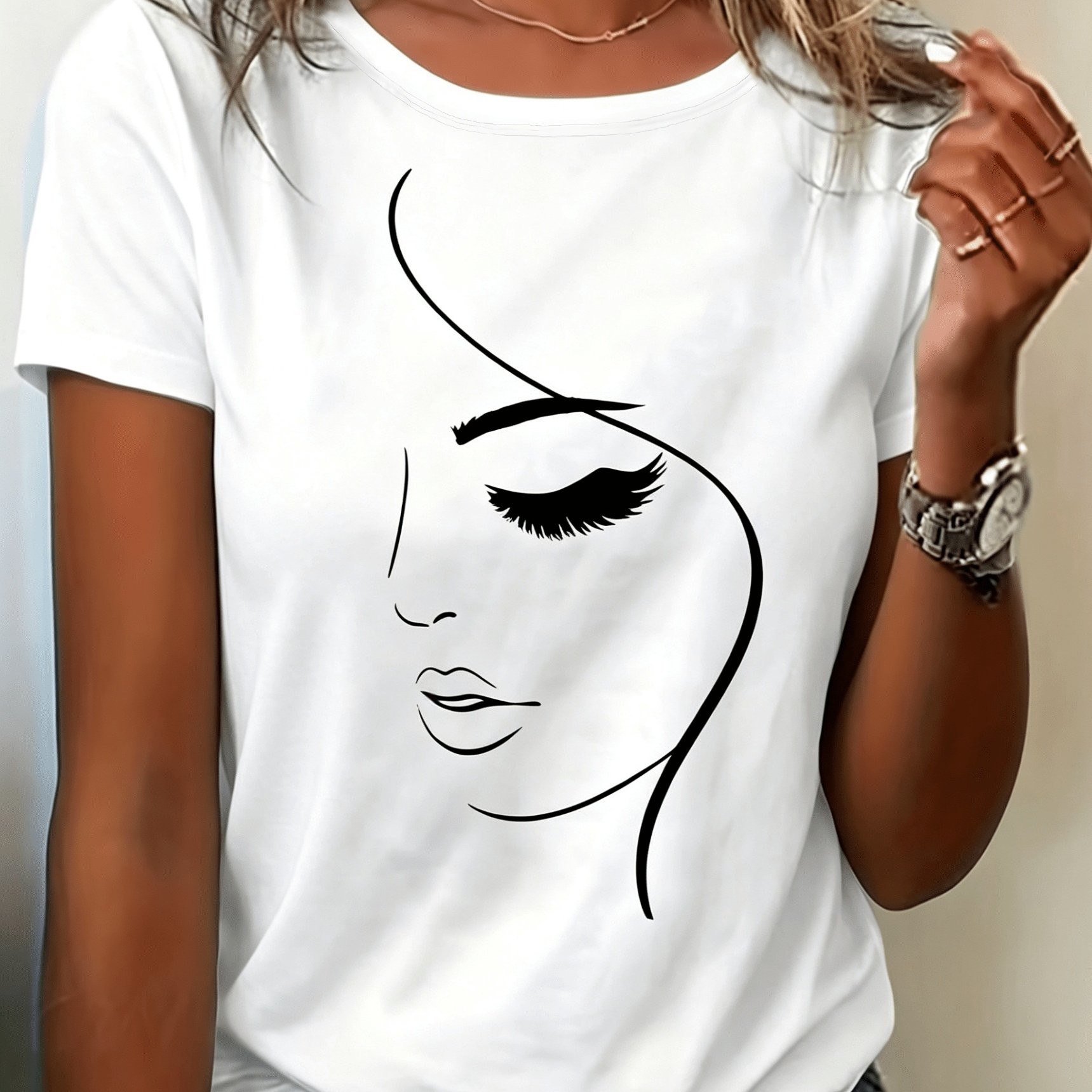 Image of Plus Size, Women's Summer Wear, Neck Short Sleeve Regular T-shirt, Print Short Sleeve Round Neck Casual T-shirt