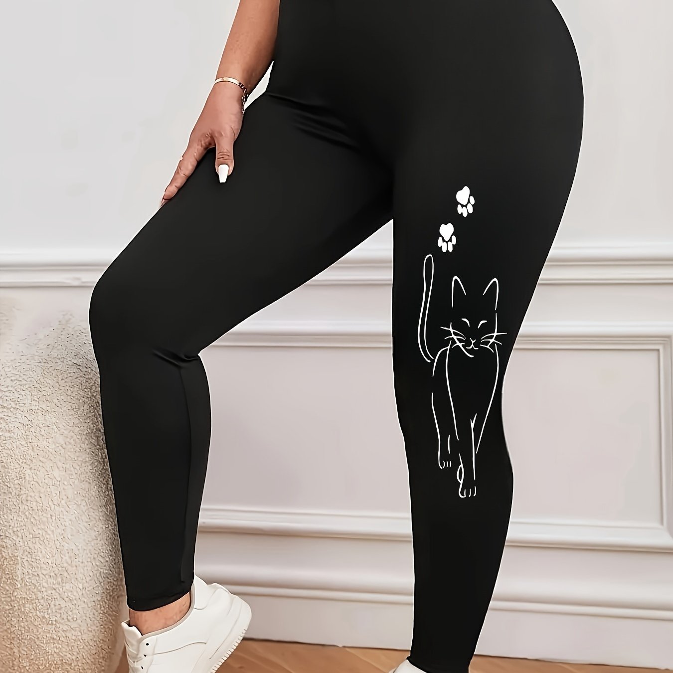 TEMU Plus Size - Plus Size - Cat Print Leggings, High-waisted Fitted Casual Bottoms For Women
