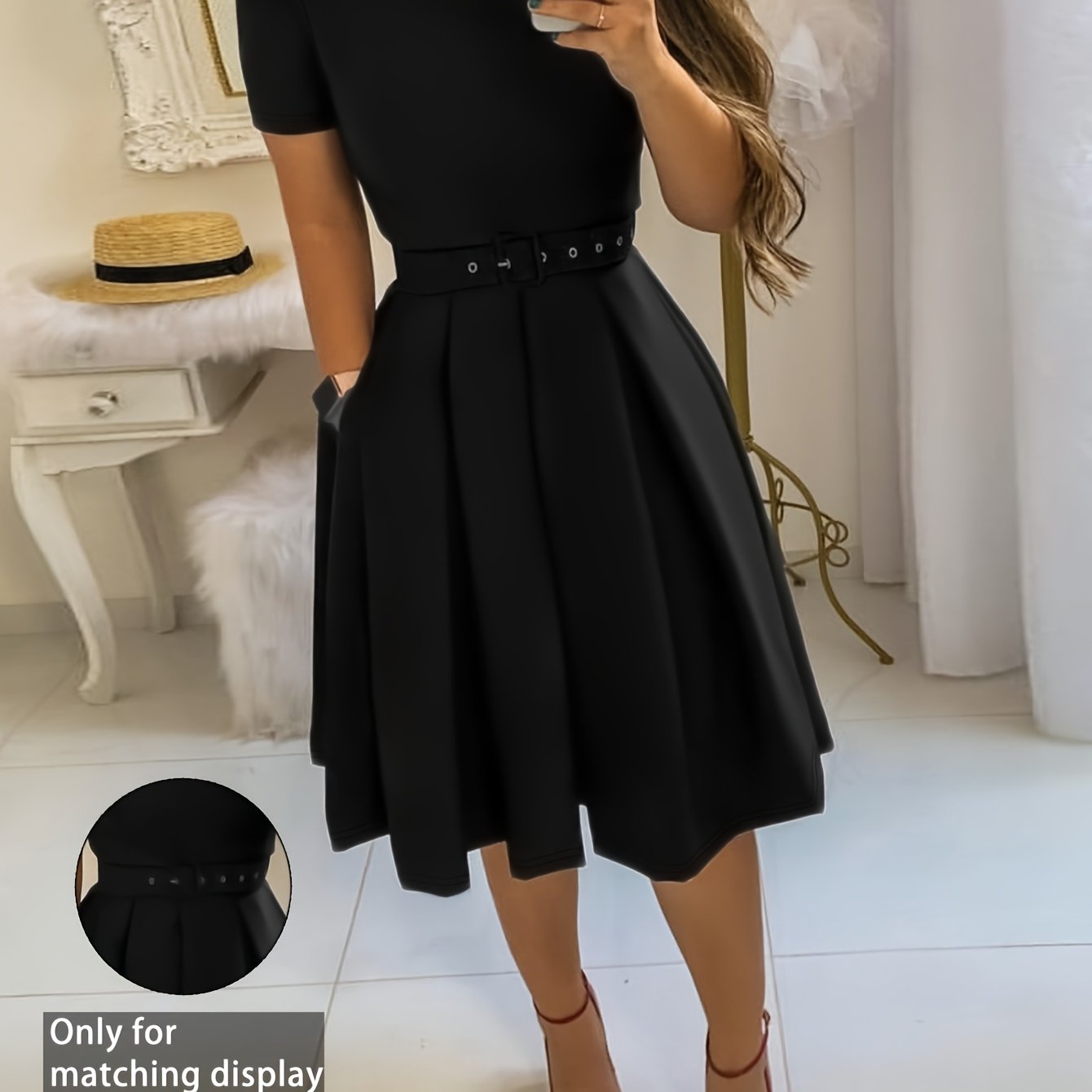 Image of Summer New Elegant Resort Style Women's Mid-length Dress, Round Neck A-line Skirt With Side Pockets, Comfortable And Breathable, Suitable For Office , Beach Vacation, Evening Dates, Weekend Outdoor