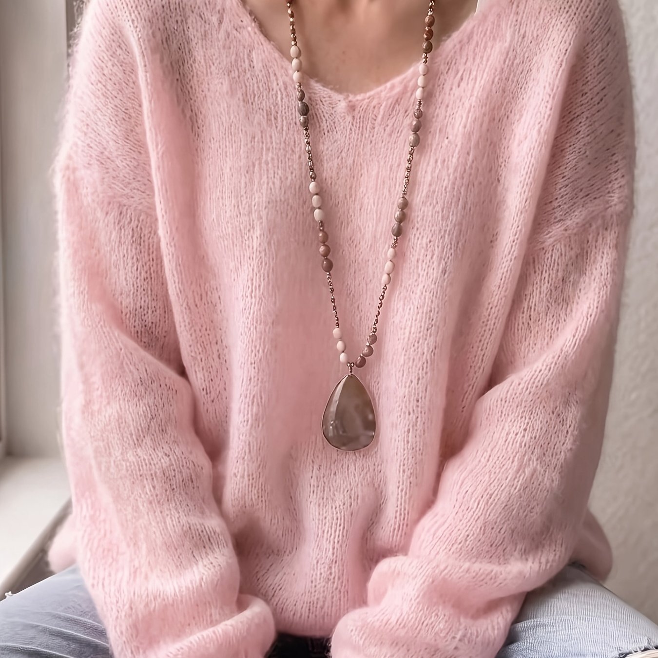 TEMU Pull pour femme à col en V de style français, haut ample et polyvalent de couleur unie avec ajourages , doux et semi-transparent