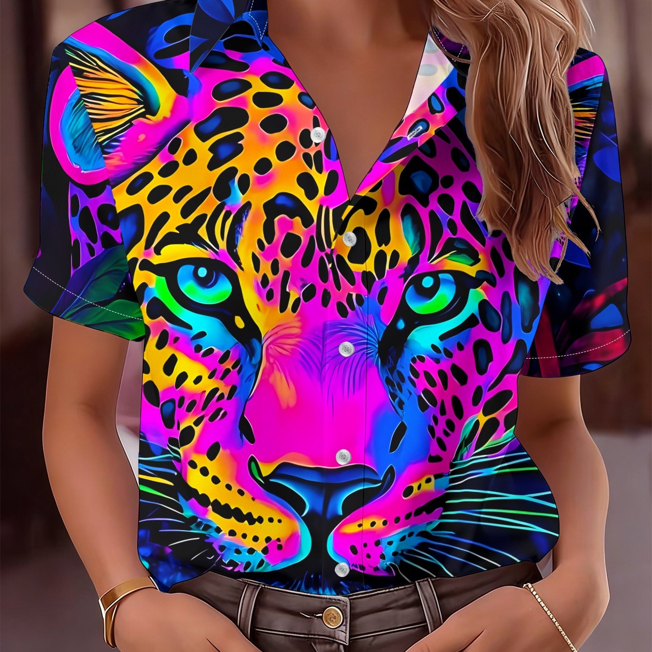 TEMU Women's Athletic Button-up Shirt, Neon Leopard Head In Colorful Plants Short Sleeve Top
