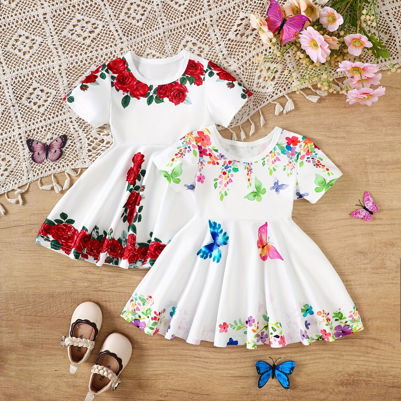 Image of 2pcs Girls' Short Sleeve Floral And Print Dress Set - Vibrant Polyester Knit, Casual Fit, Suitable For Spring/summer - Machine Washable, Girls' Clothing, Great Gift