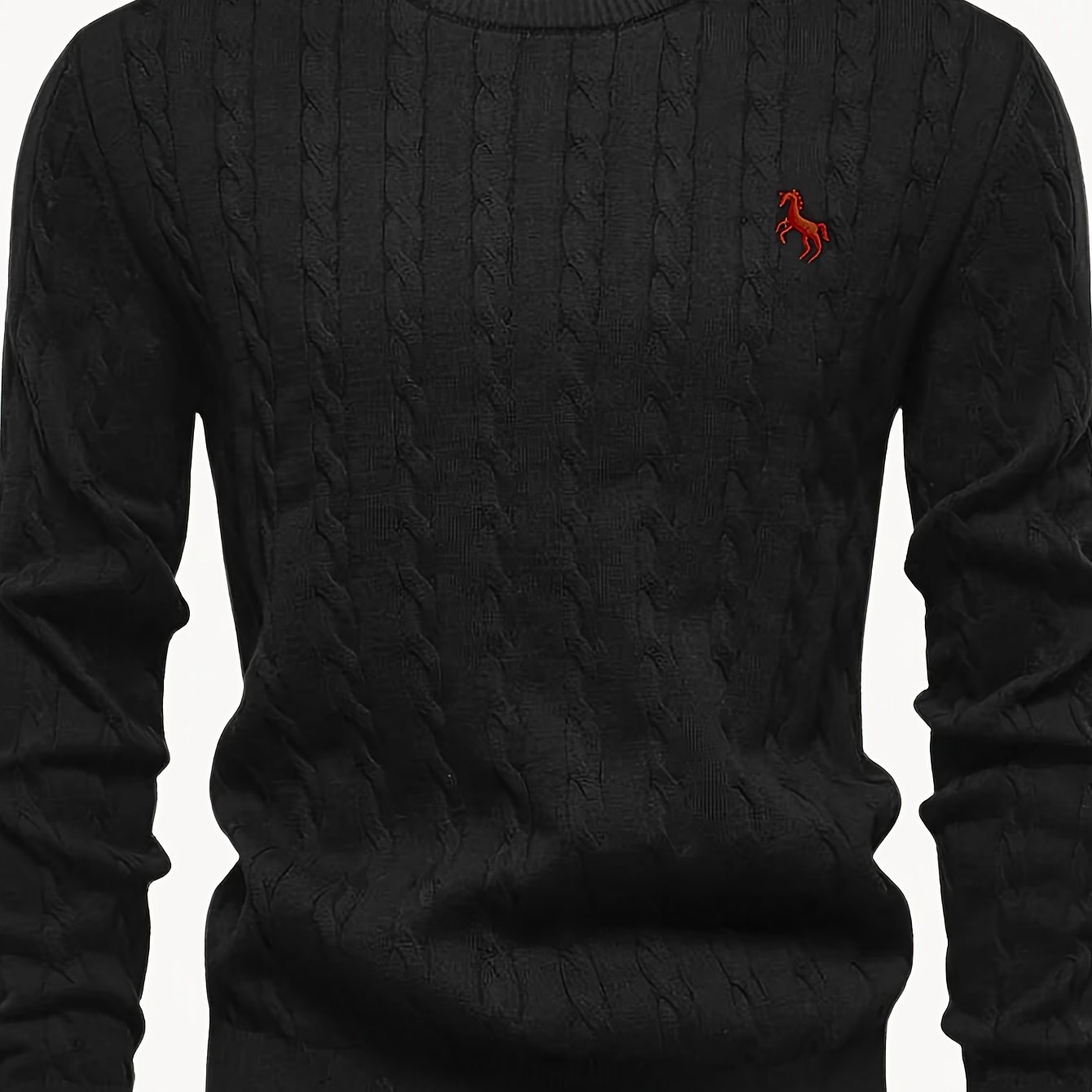 Men's Casual Twisted Floral Horse Embroidery Crew Neck Pullover Knit Sweater For Autumn/winter