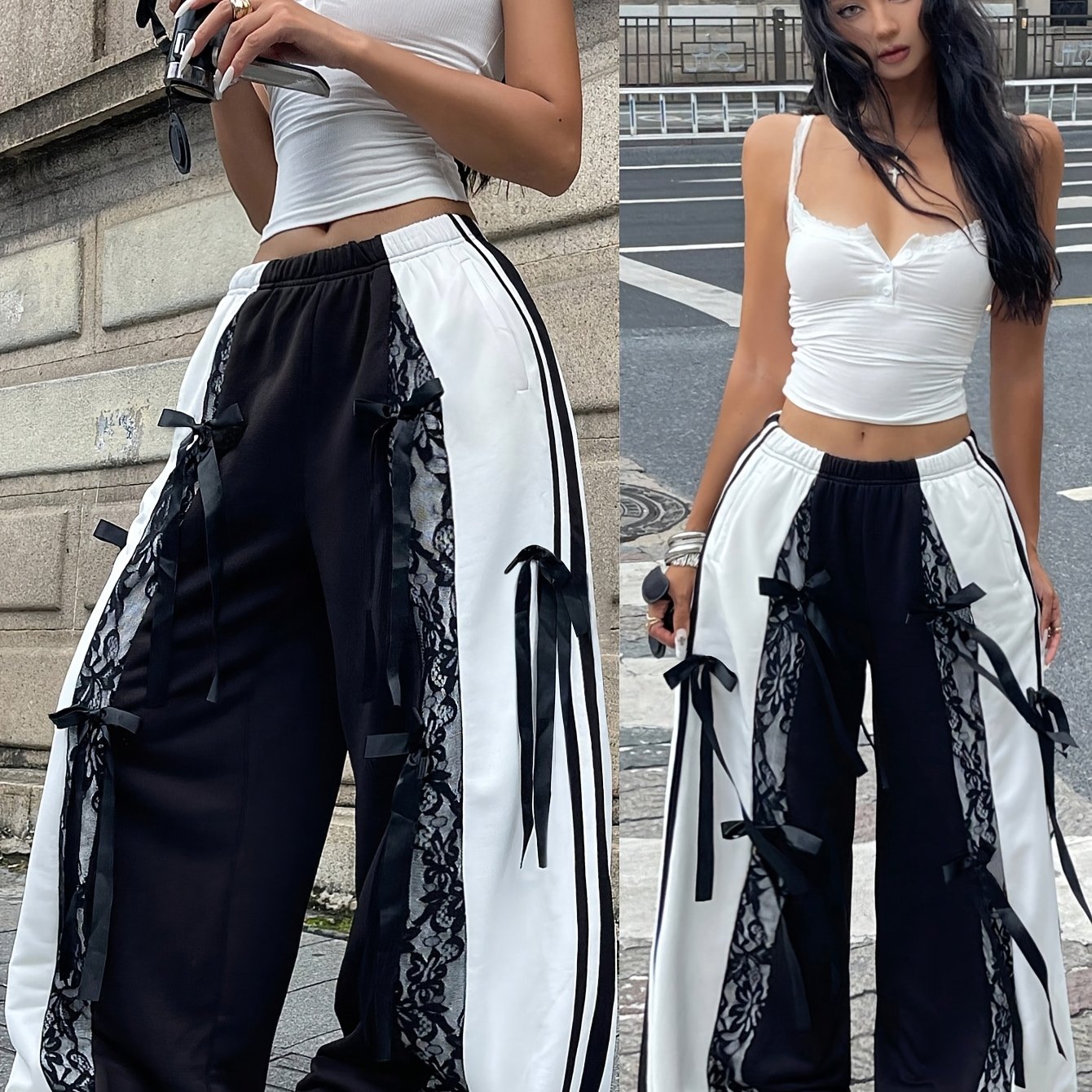 womens y2k vintage wide pants bow colorblock black - Temu Mauritius