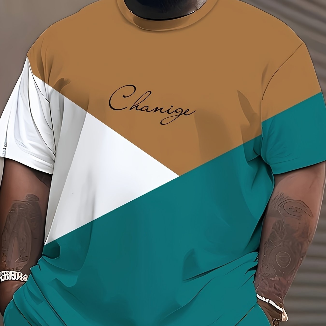 TEMU - Single Piece Plus Size Men's T-shirt - Color Block Casual Print, Suitable For Spring And Summer, Outdoor Sports, Urban Fashion, Durable