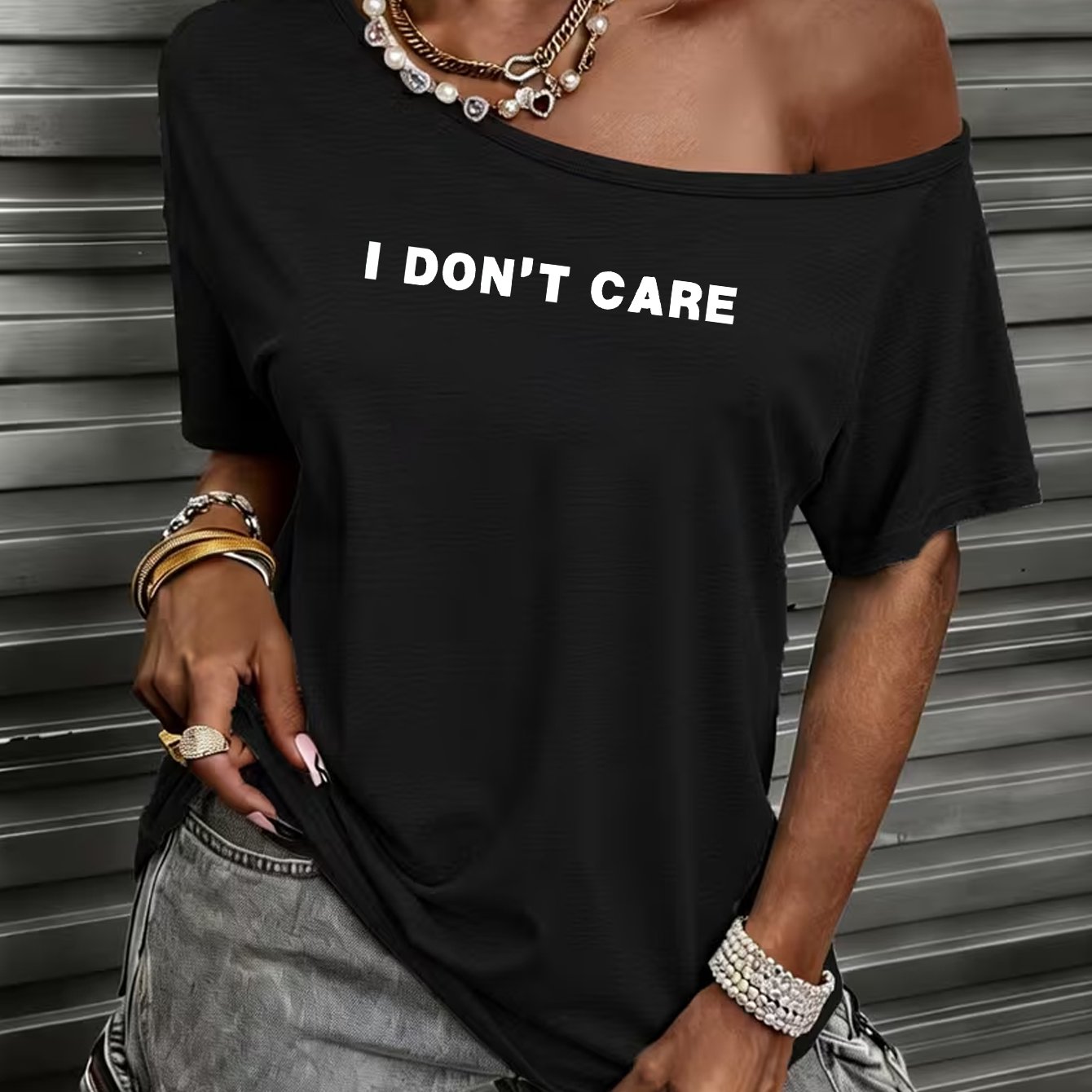TEMU Don't Care Minimalist Slogan Element Athletic, Soft And Comfortable, Elegant Women's Wear, Off-shoulder Short Sleeve T-shirt Top