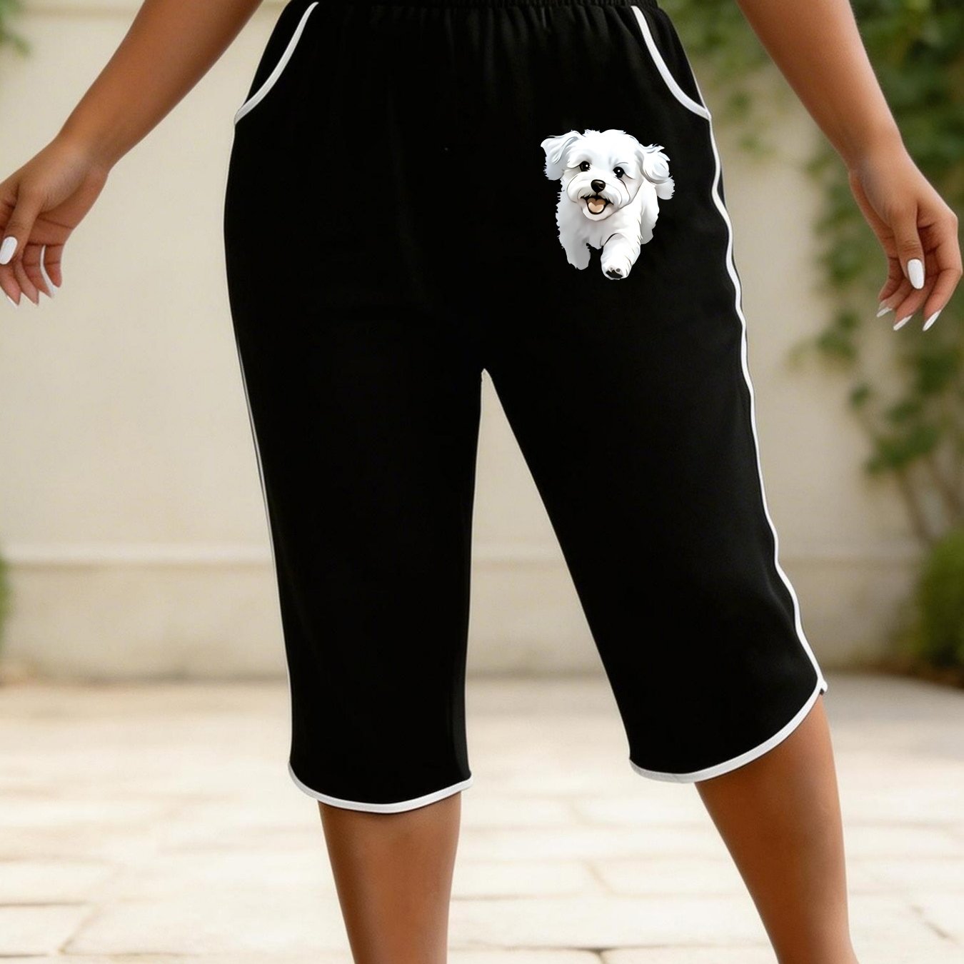 TEMU Plus Size, Women's Plus Size Puppy Print Capri Pants - Elastic Waist Straight Shorts With Dog, Stretchy Comfortable Streetwear Suitable For