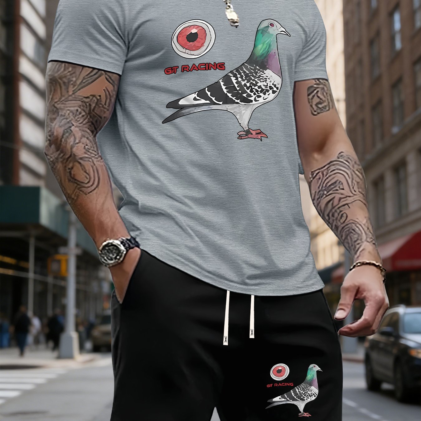TEMU Men's Summer T-shirt Two-piece Set, Featuring A Pigeon Design, Versatile Shorts Outfit, Casual Short-sleeve Top, Trendy Leisure Sportswear