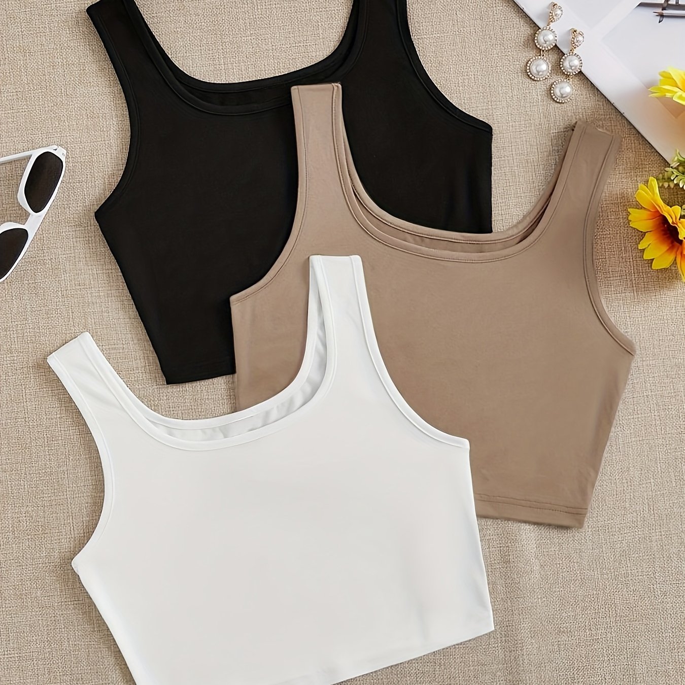 E-shop 3er-Pack Damen Crop Tanktops mit Rundhalsausschnitt für die Freizeit