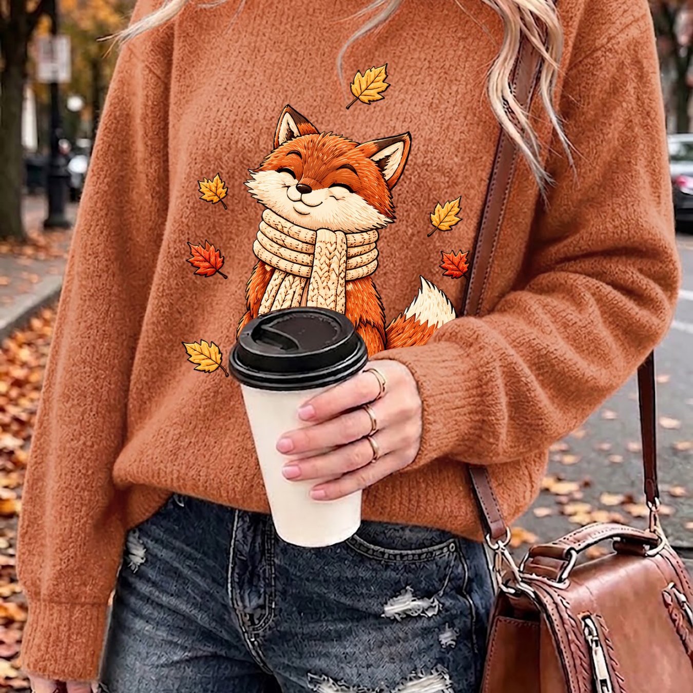 TEMU Women's Thick Soft Warm Winter Sweater - & Falling Leaves Pullover Sweater Suitable For Outerwear, Round Neck -compatible Style -fit For Brand