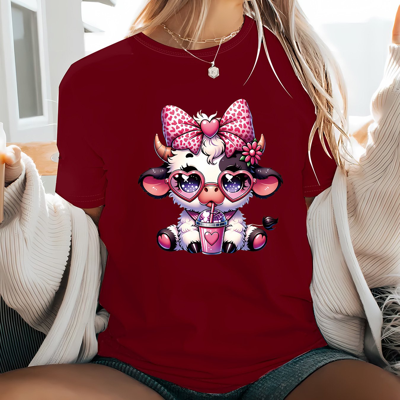 TEMU Plus Size - 0xl-8xl Plus Size Round Neck Short Sleeve T-shirt Women's Casual Top, Drinking Cow Geometric Pattern Print Regular Fit Casual