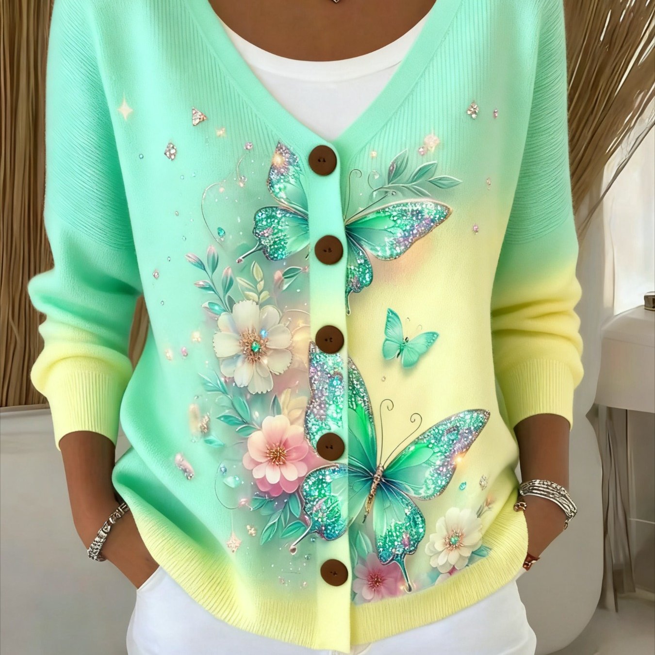 E-shop Cardigan in Übergröße für Damen mit Farbverlauf, Schmetterlings- Blumendruck V-Ausschnitt – Ganzjähriger lässiger lockerer Mantel – Süßes