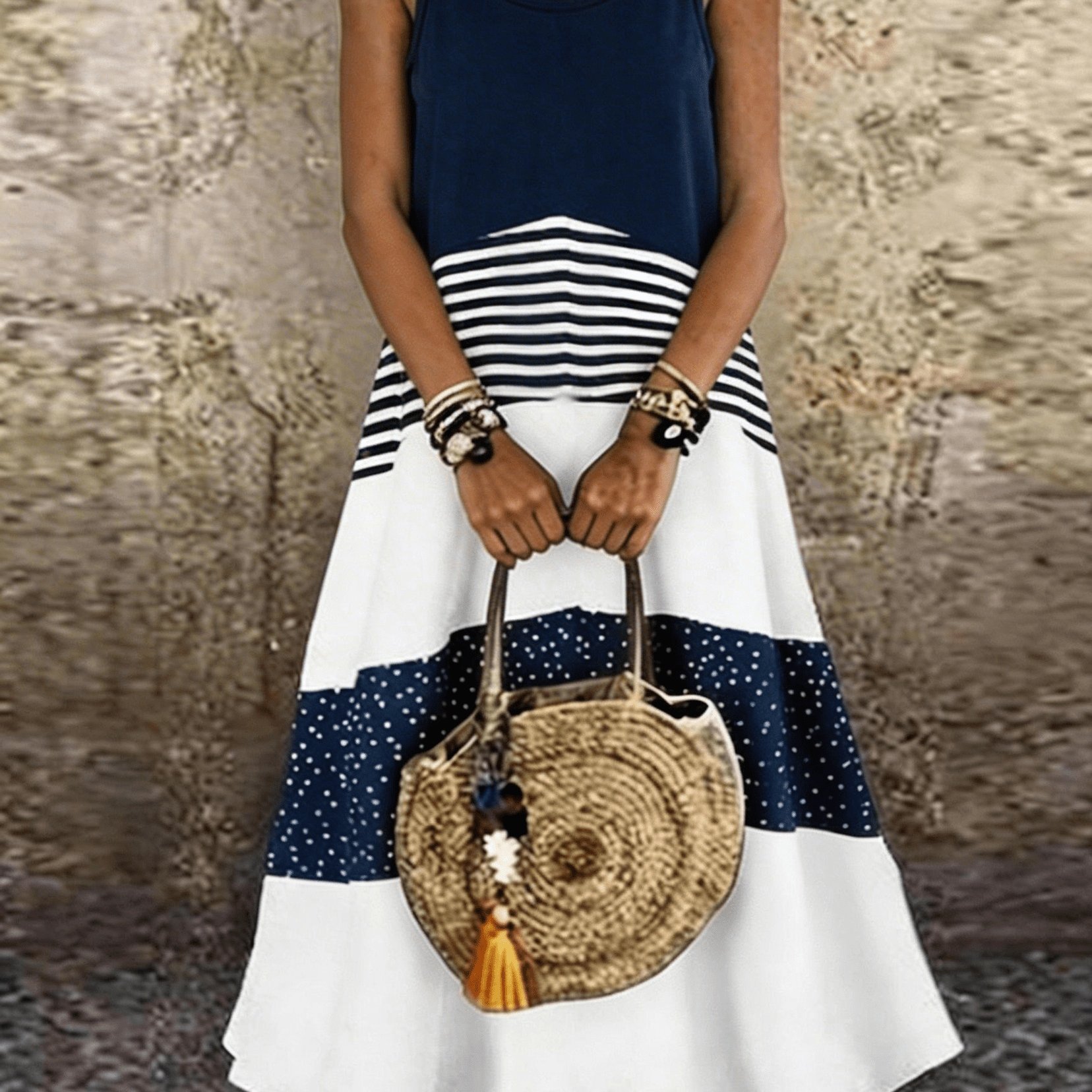 TEMU Plus Size, Women' Plus Size Bohemian Maxi Dress Sleeveless Beach Dress With Striped & Polka Dot Color Block, Loose -line Dress Suitable For