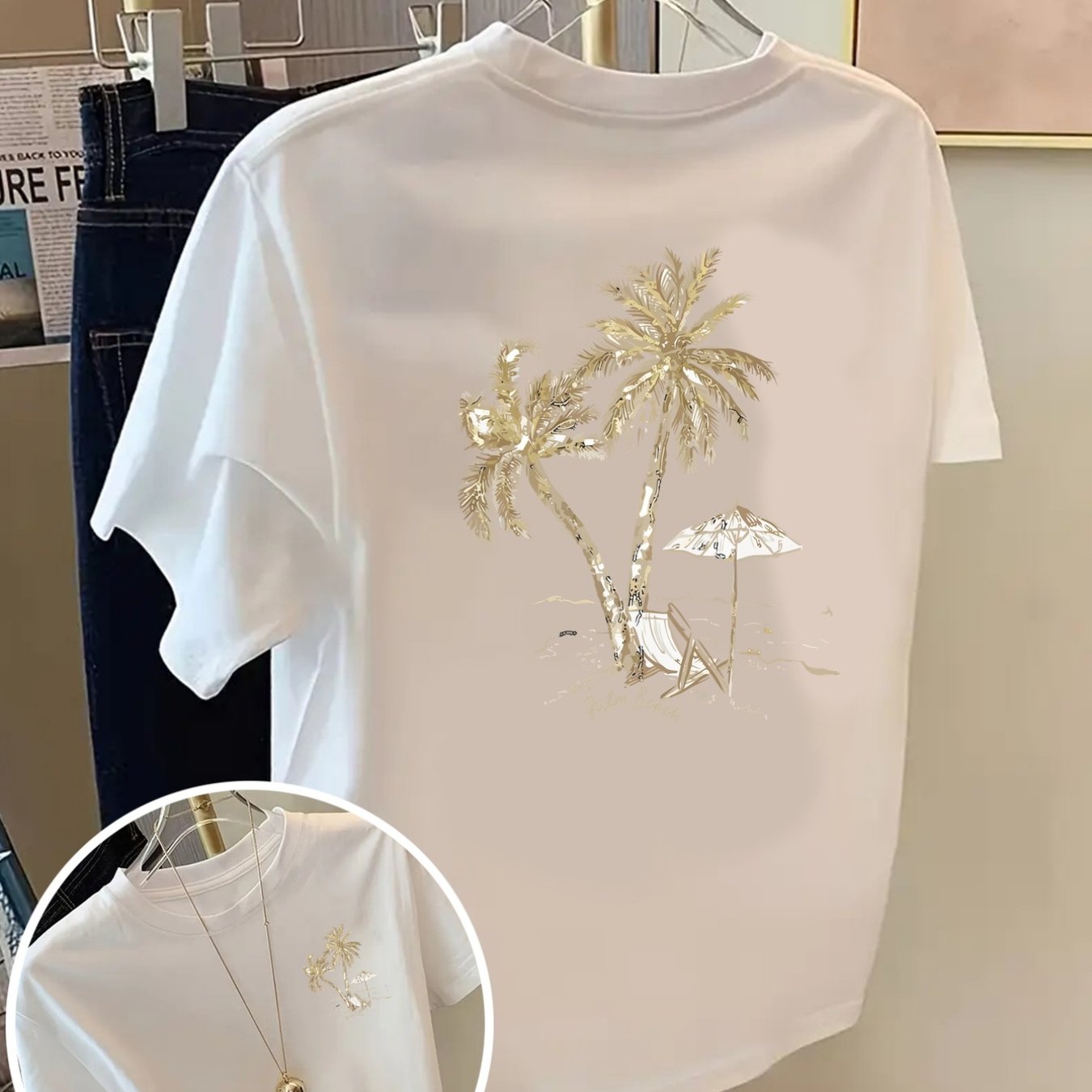 TEMU 【前面＆背面プリント】おしゃれな半袖夏物ファッション、ヤシの木、ビーチラウンジチェア柄、のレディースカジュアス - レディース服、快適なフィット感、クデザイン