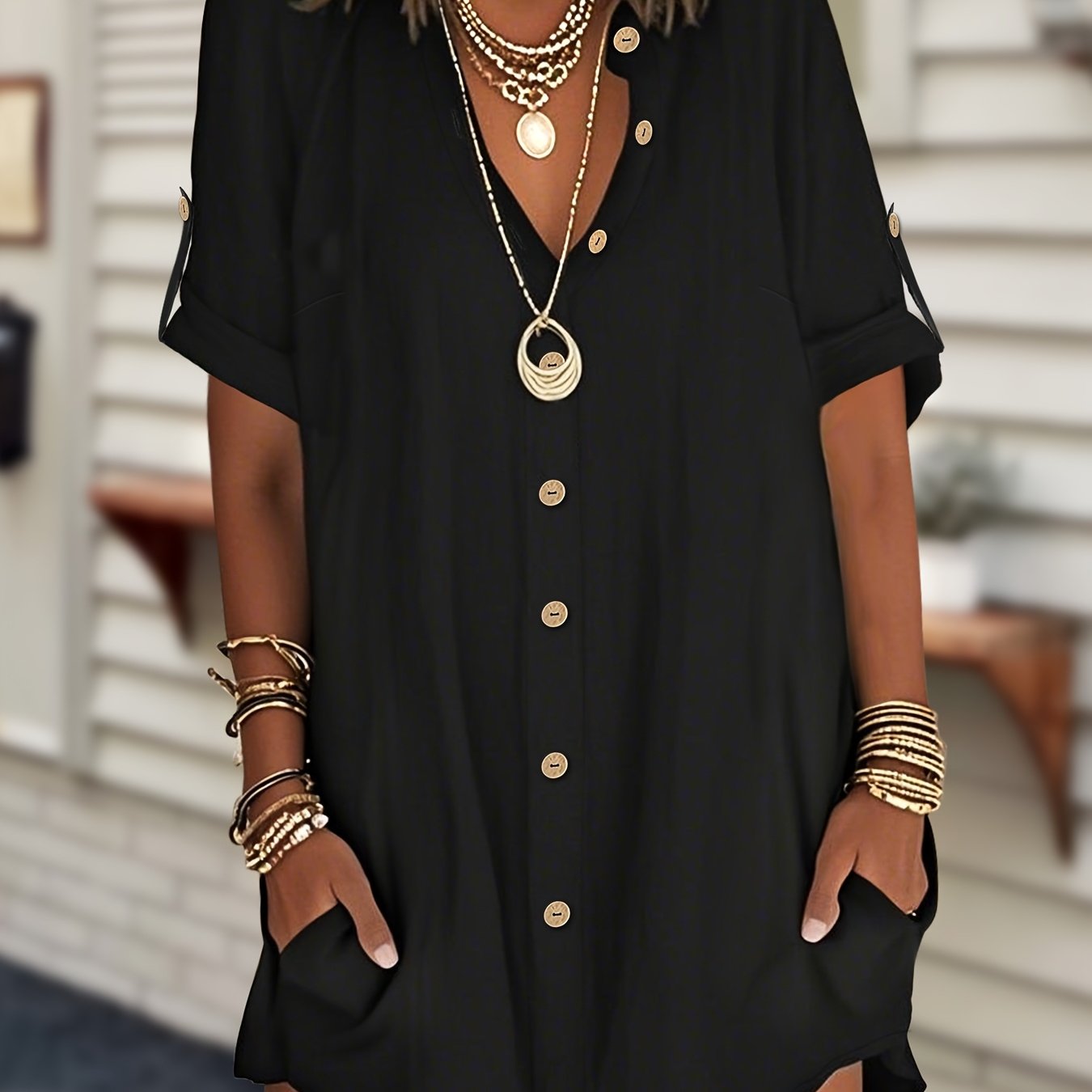 TEMU Plus Size - Plus Size - Plus Size Women's Textured Sleeve Cuff Folded Button Loose Straight Elegant Style Women's Dress