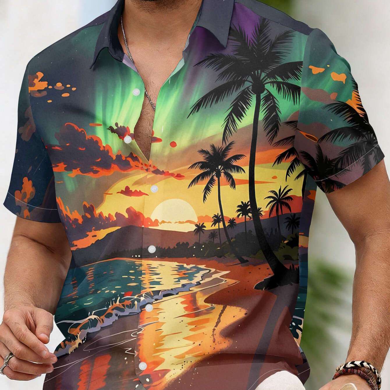 Printed Design - Not Textured Men's Casual Short-sleeve Shirt With Beach, And , Waves Pattern, Machine Washable , Fashionable Button-up Shirt