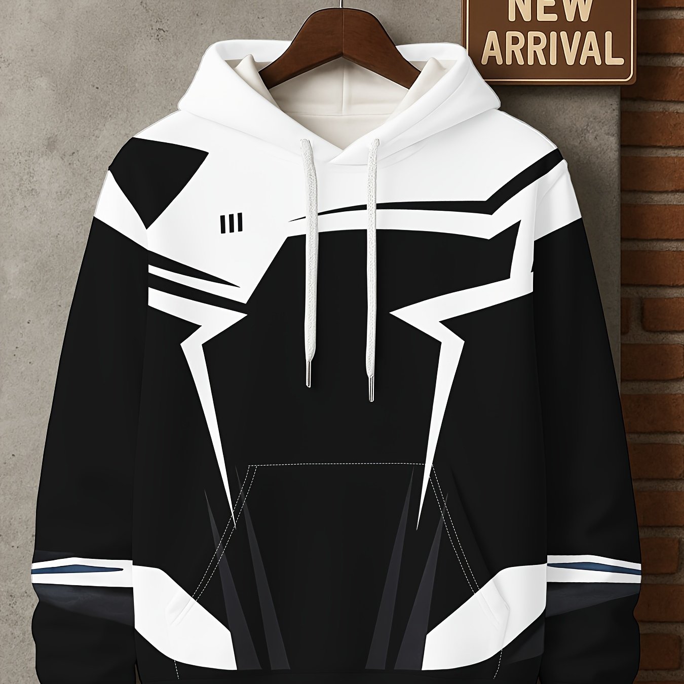 TEMU Men's Hoodie - Modern Streetwear Sweatshirt With Black And White Block Pattern, Long Sleeve Casual Winter Wear For Daily And Formal Occasions,