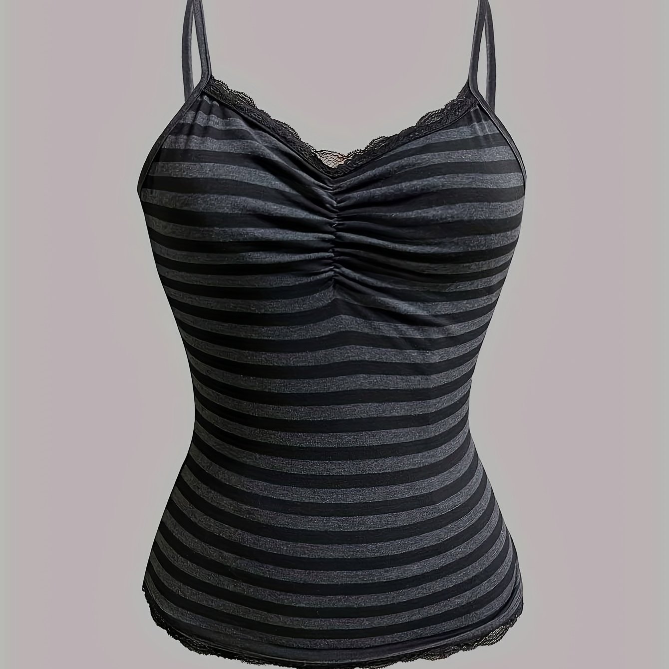 Image of Women's Sexy Lace Trim Striped Camisole Top - Black & White Contrast Stripes, Thin Straps, Medium Stretch, Machine Washable, Elegant Special Collection, Versatile Fashion, Sensual Camisole