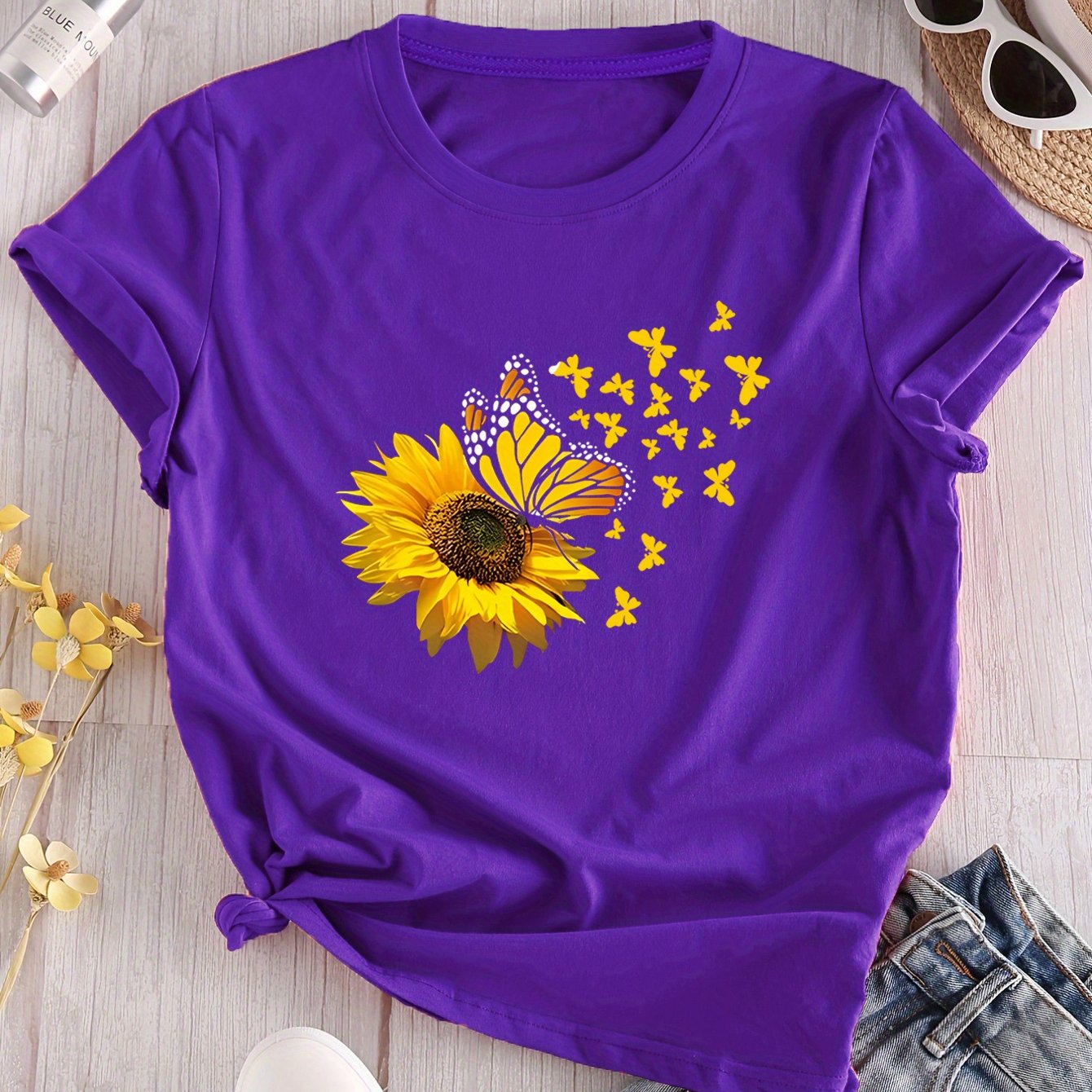 TEMU Sunflower Printed T-shirt Round Neck Short Sleeve, Women's Comfortable Top - Regular Style