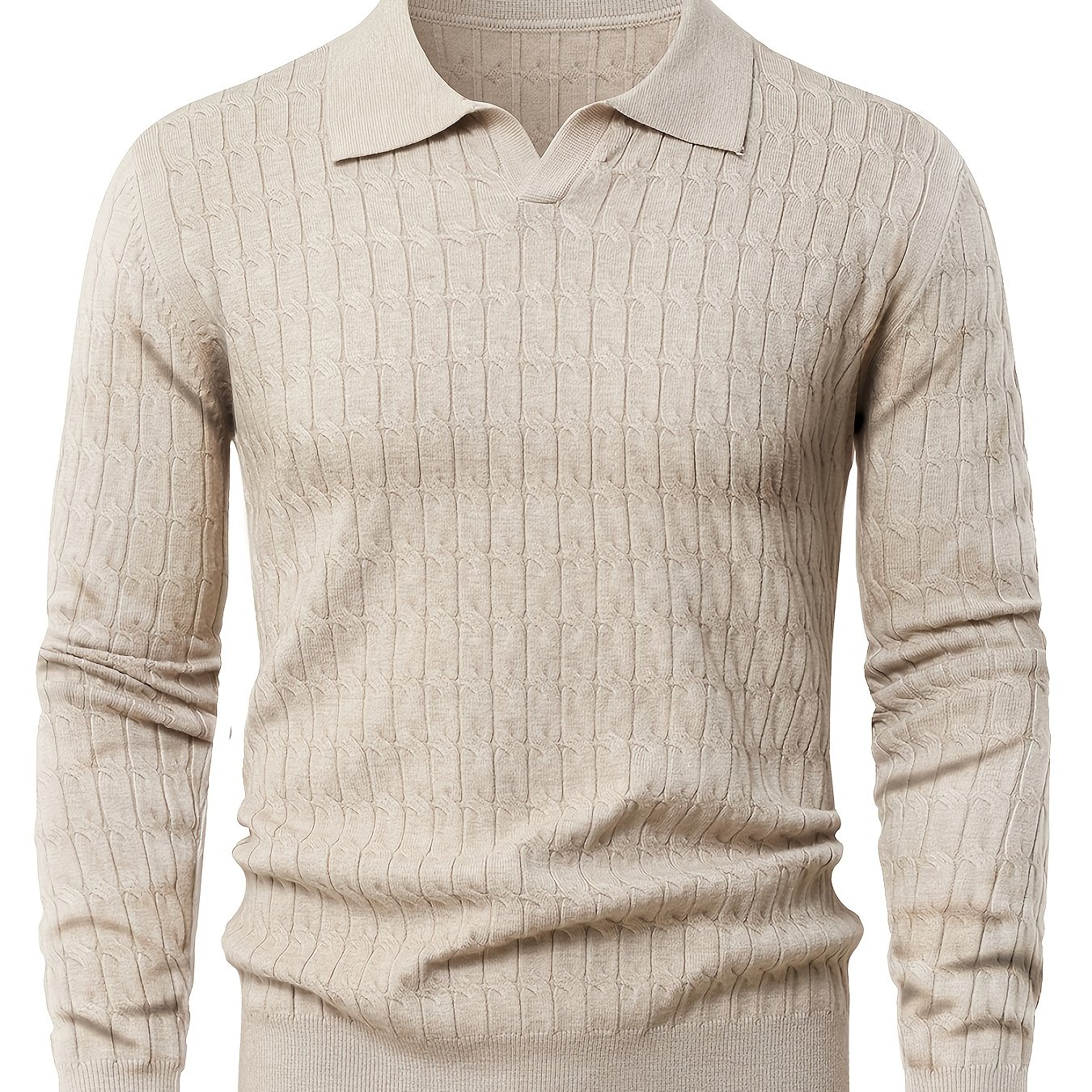 's Casual Stretch Knitted Neckline Sweater - 580g Thickened Warm V-neck Long-sleeved Pullover, Solid And Winter Style, Hand Wash/, Medium Elastic Fabric