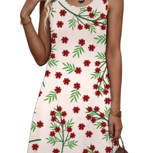 womens sleeveless casual dress soft breathable length with vibrant red floral print on light beige round neck machine washable