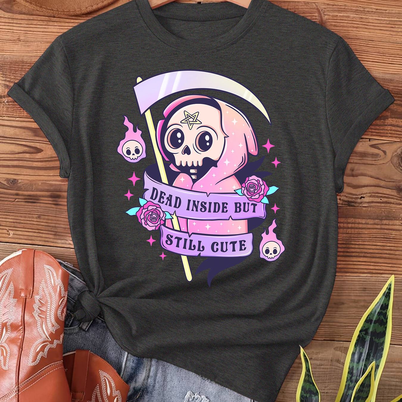 TEMU Purple Gothic Rose Skeleton Holding A , Soft Gothic Rose Skeleton, Print T-shirt, Short Sleeve Crew Neck Casual Top For Summer And Spring,
