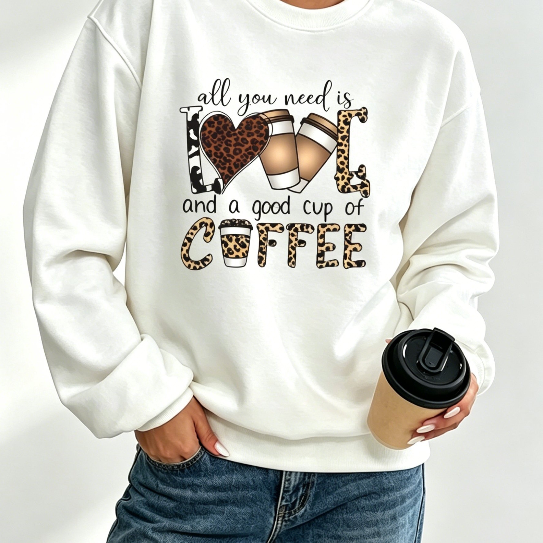 White Casual Crew Neck Women's Sweatshirt, Coffee Heart Leopard Print Pullover Sweatshirt, Fashionable And Comfortable For Autumn And Winter, For , Soft, Warm And Versatile