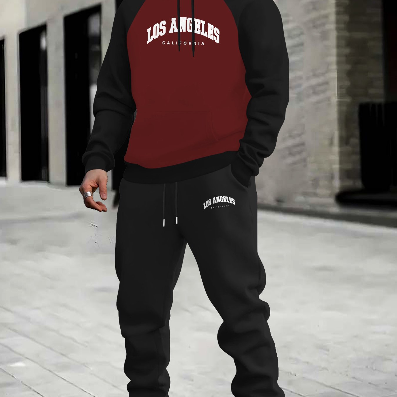 TEMU Los Angeles Elements Print Men's Casual Sports Shoulder Sleeve Hoodie Two-piece Set, Thickened Casual Trendy Hoodie Set