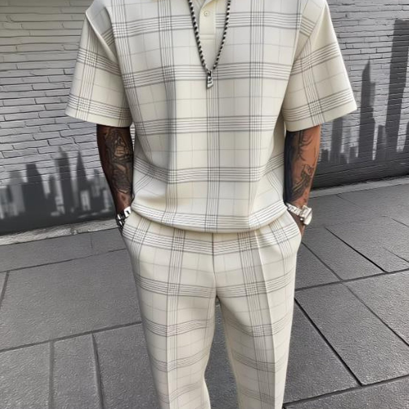 Urban Afro Modern Architectural Pattern Casual Outfit 2pcs Streetwear Set Clothing Trendy Stylish Set Weekend Outfit Birthday Gift For Husband Holiday Gift, Plus Size, Perfect For Outdoor