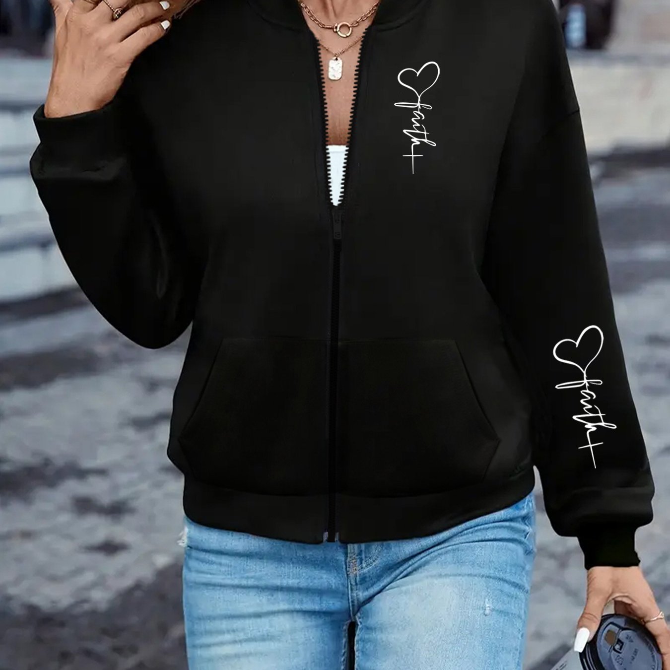 TEMU Elegant Plus-size Women's Zip-up Pilot Casual Jacket, Lightweight Zip-up Stand Collar Coat, Women's Jacket, Casual Long-sleeve Outerwear, Front