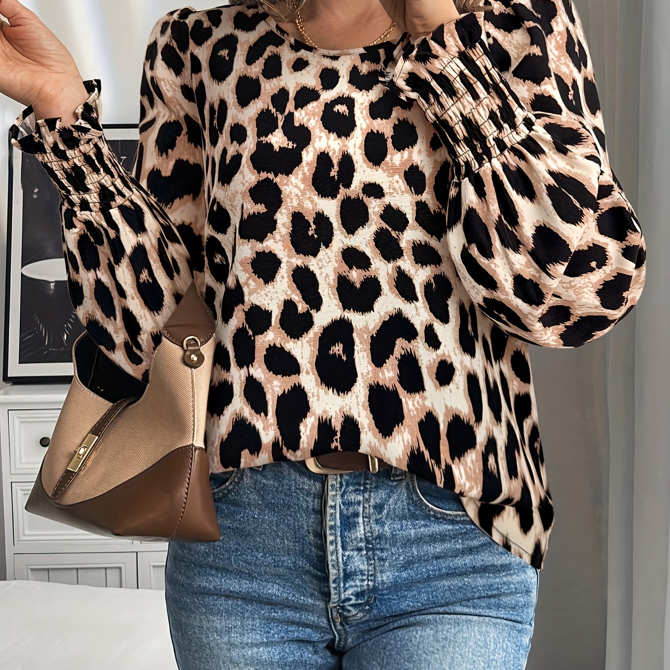 E-shop Retro Leopardenmuster Puffärmel Rüschenbund Laterneärmel Lässiges Büro Elegantes Damenhemd Herbst Winter Druck