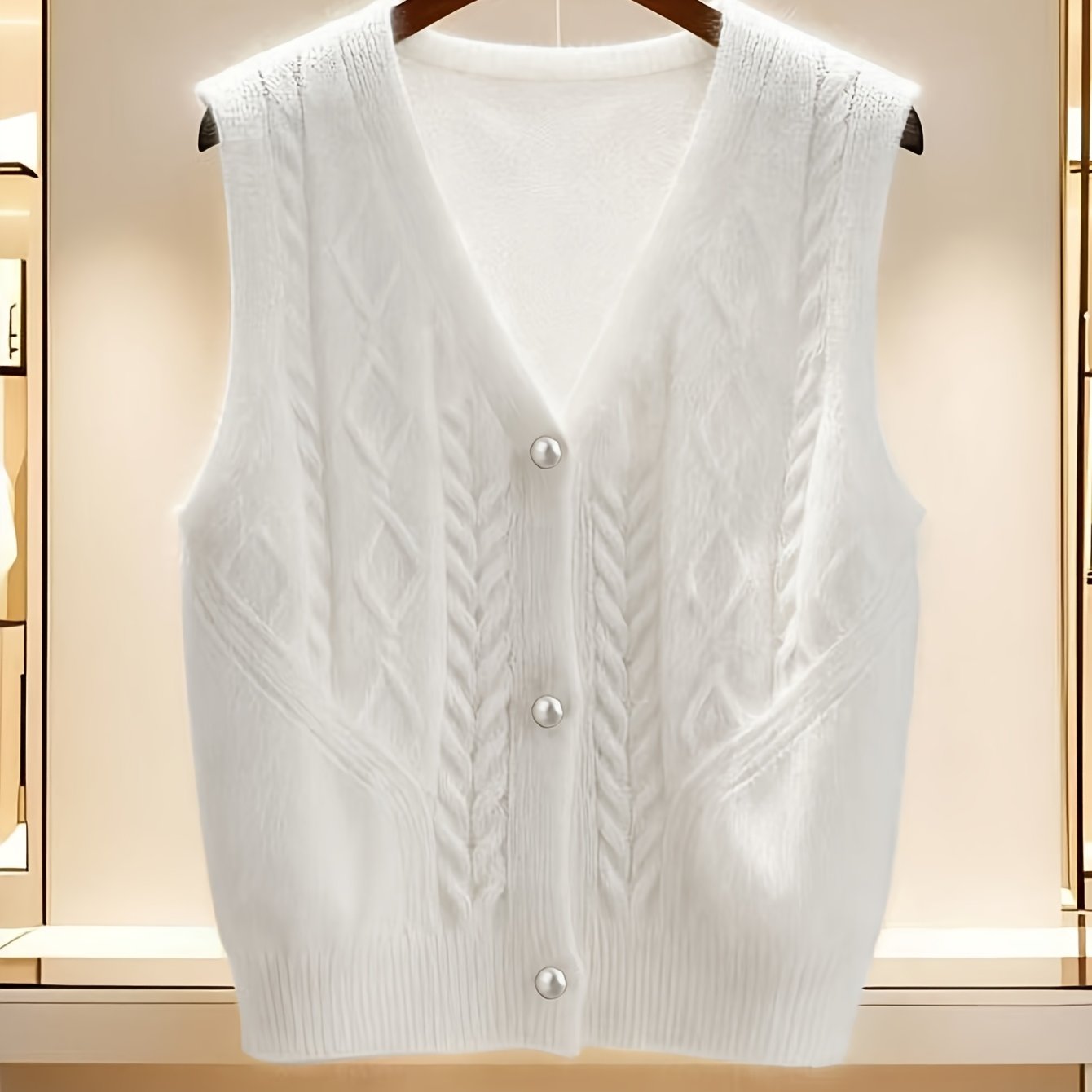TEMU Grande Taille - Gilet Vintage Col en V Bouton Perle Femme Automne Hiver Motif Diamant à Carreaux Texture Câble Manches Cardigan Ouvert Devant