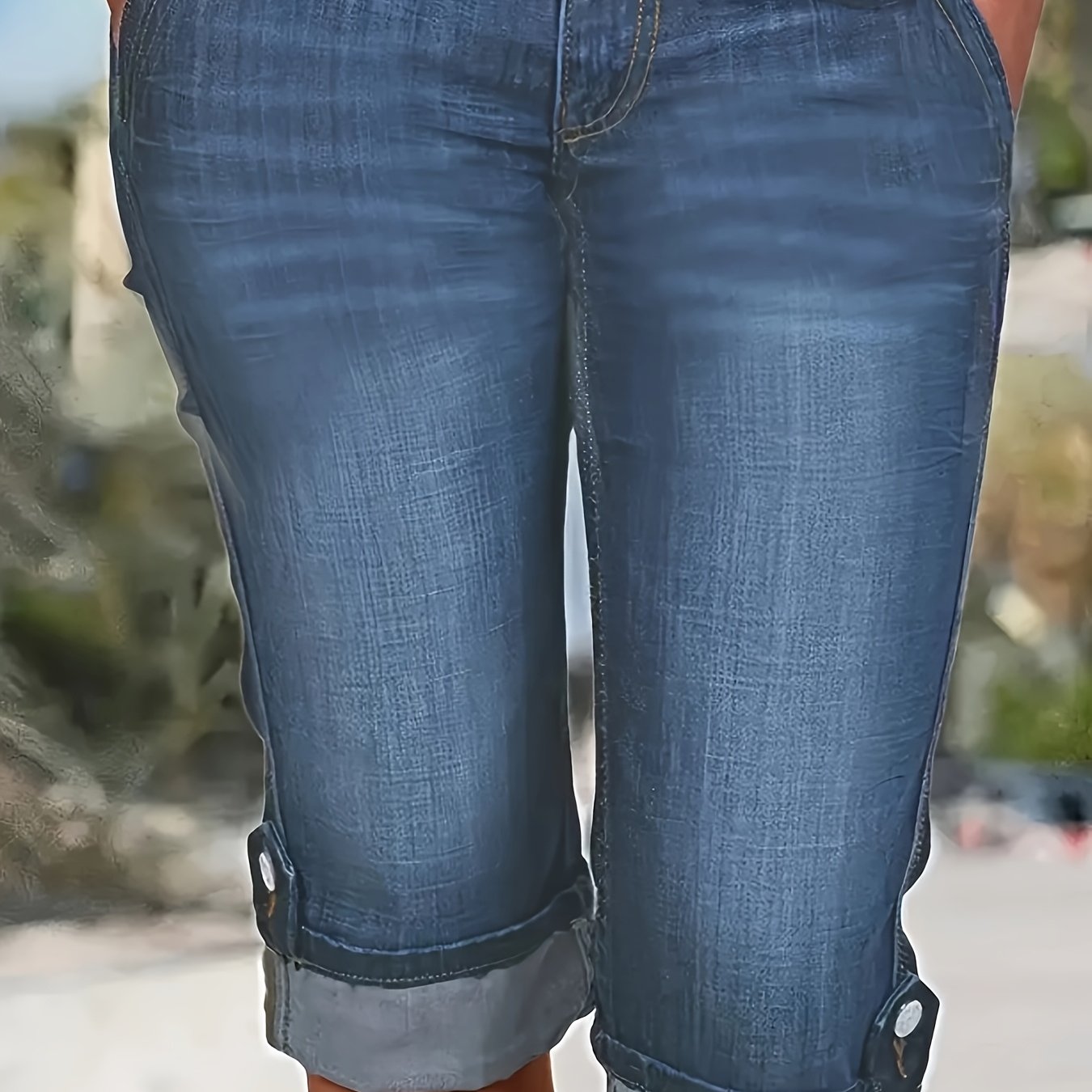 Women's Plus Size Denim High Waisted Ripped Bermuda Shorts, Knee Length Elastic Rolled Edge Short Jeans