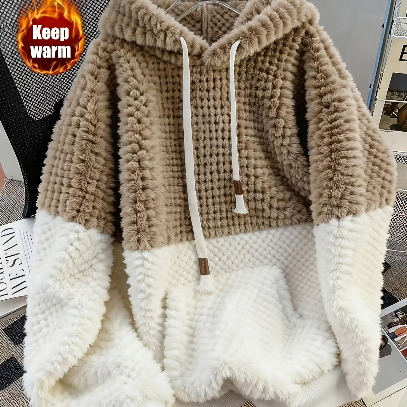 Image of Autumn/winter New Women's Fashionable Casual Soft Plush Solid Color Crew Neck Hooded Drawstring Pullover Long Sleeve Patch Pocket Warm Sweatshirt